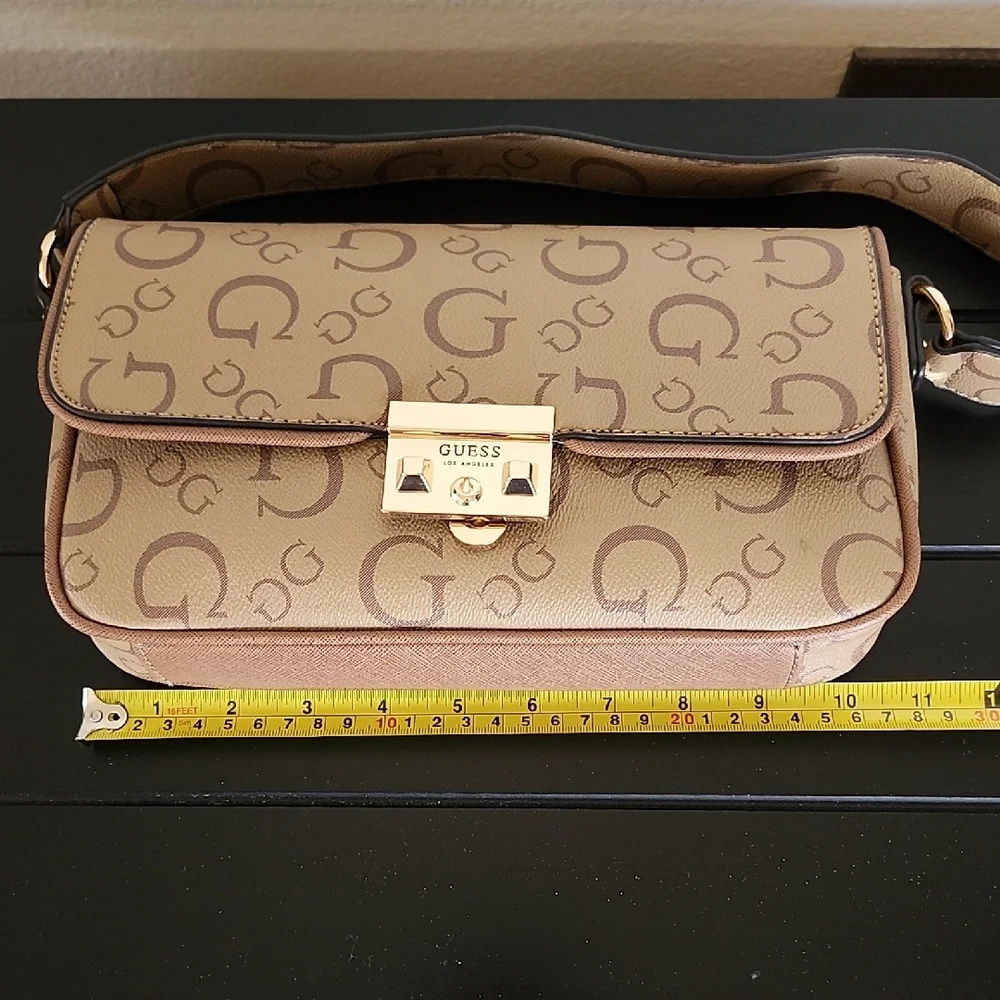 GUESS Y2K Logo Baguette Bag Brown Monogram Shoulder Purse Gold Hardware - Picture 5 of 14